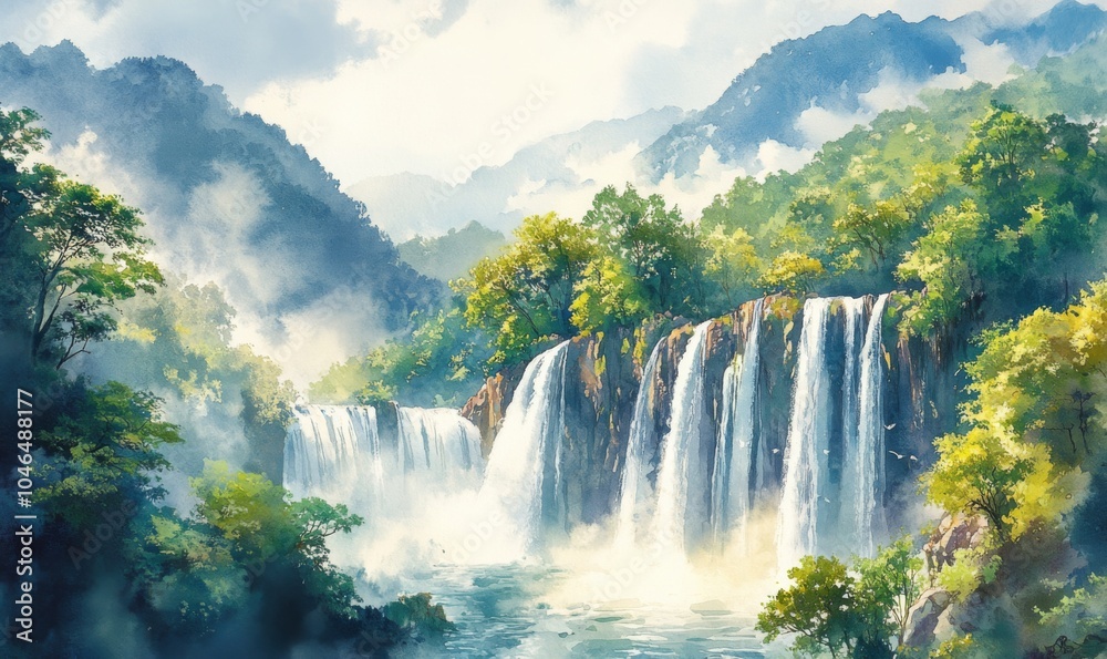 Naklejka premium Watercolor Shifen Taiwan Waterfalls National Park Beautiful waterfalls, abundant, many foreigners come to visit