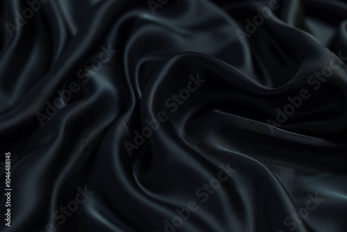 Detailed image of shiny black fabric, emphasizing its luxurious surface and sleek appearance. Fashion concept