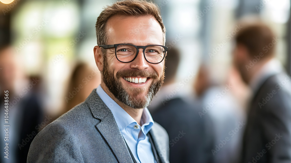 Smiling man in suit at tech conference, engaging with others and networking in vibrant atmosphere. His confident demeanor reflects excitement of event Smiling man in suit at tech conference, engaging with others and networking in vibrant atmosphere. His confident demeanor reflects excitement of event