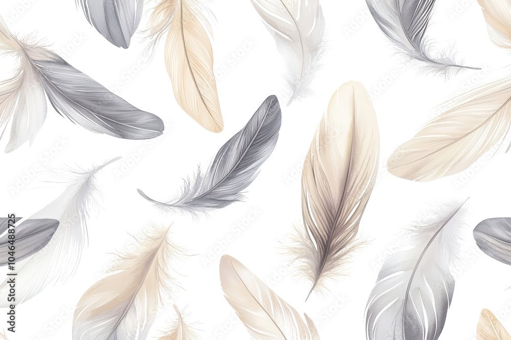 Seamless pattern of delicate feathers in neutral tones, creating a soft, airy design suitable for backgrounds and textile prints. Seamless pattern of delicate feathers in neutral tones, creating a soft, airy design suitable for backgrounds and textile prints.
