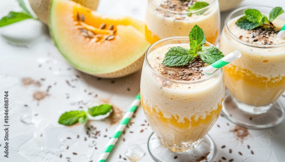 Vegan breakfast with refreshing summer fruits and a yogurt based smoothie including organic yellow melon flax seeds and mint served stylishly on a white marble Vegan breakfast with refreshing summer fruits and a yogurt based smoothie including organic yellow melon flax seeds and mint served stylishly on a white marble