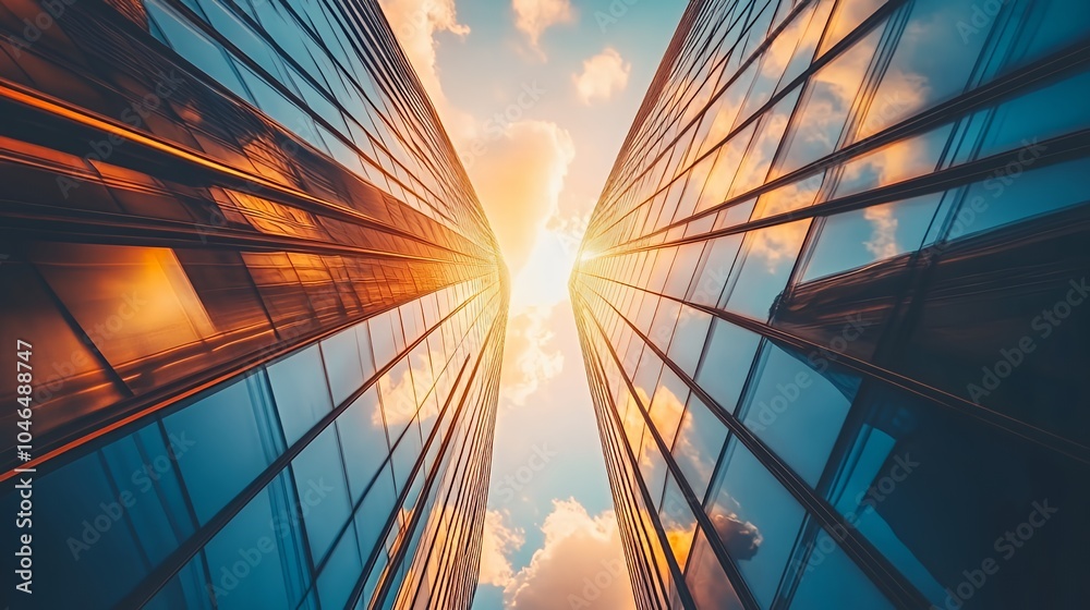 A low angle view of two skyscrapers against a bright, cloudy sky with the sun shining through. A low angle view of two skyscrapers against a bright, cloudy sky with the sun shining through.