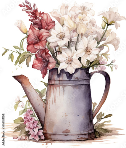 still life with flowers and watering can