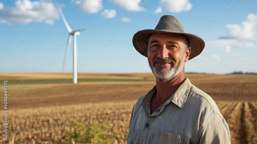 Portrait of a farmer using a small wind turbine on farmland, practical renewable energy, agricultural setting, rural life, clear weather, ready for stock, Portrait of a farmer using a small wind turbine on farmland, practical renewable energy, agricultural setting, rural life, clear weather, ready for stock,