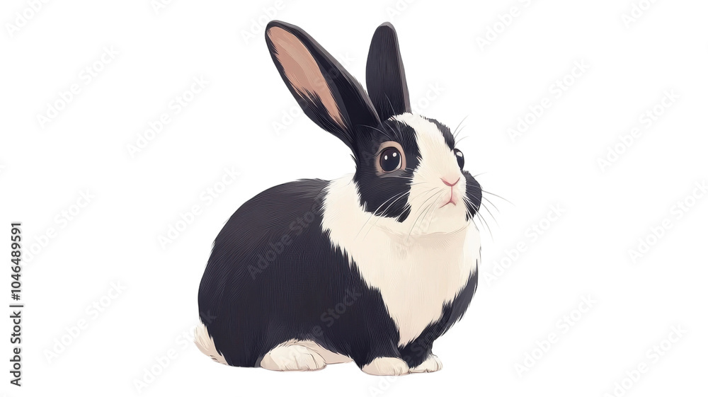Obraz premium Friendly black and white rabbit sitting calmly in a serene setting, showcasing its vibrant personality during daylight.