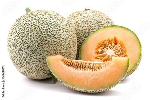 Whole and sliced Japanese melons orange and cantaloupe with seeds on white background