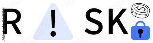 Word Risk with icons like exclamation mark in a triangle, coin and padlock. Ideal for finance, business strategy, cybersecurity, investment, and risk management themes. Clean, modern design