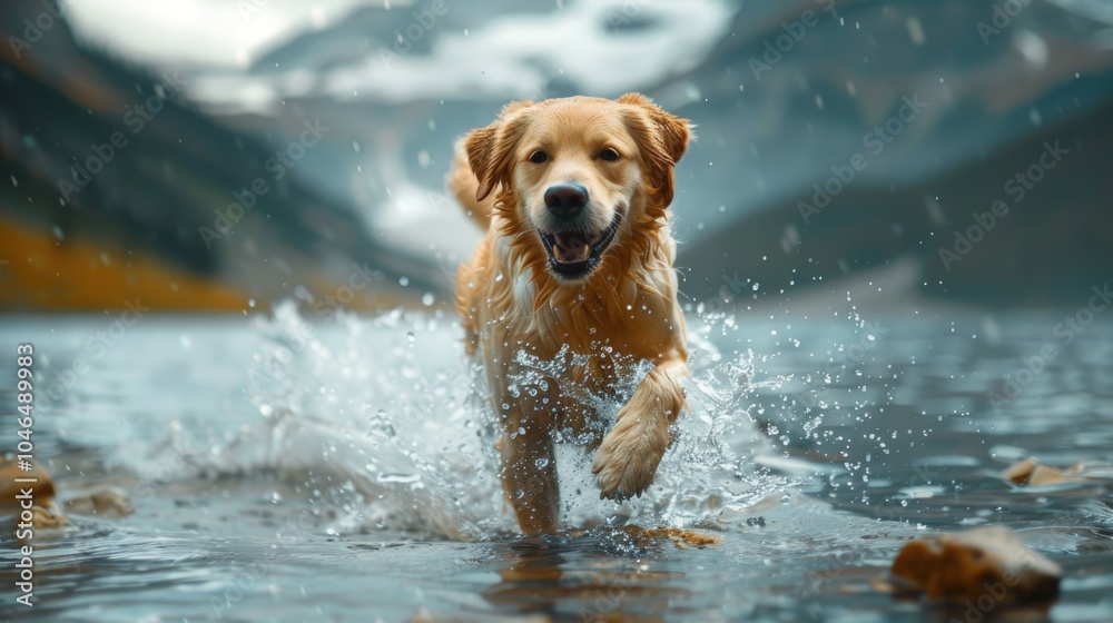 Joyful Golden Retriever Splashing Through Mountain Lake Joyful Golden Retriever Splashing Through Mountain Lake