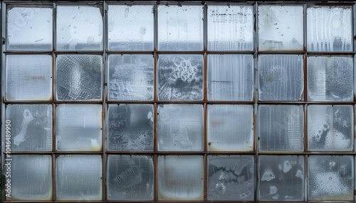 Winter industrial building with old frosted small checkered window photo