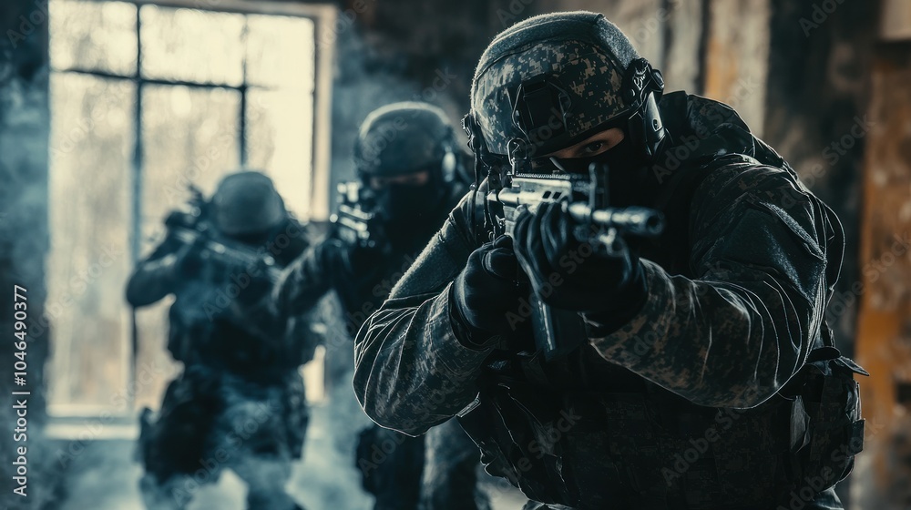 Fototapeta premium Soldier with costumes and weapons are fighting in the field action dramatic war background wallpaper AI generated image