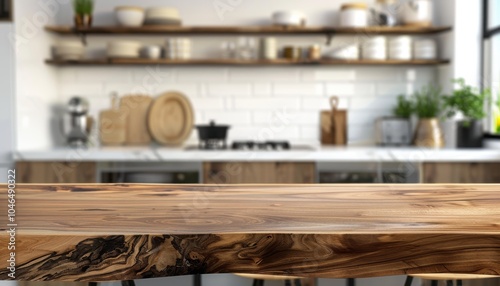 Wooden table top or kitchen island with a natural pattern placed on a blurred kitchen background perfect for showcasing or editing your products