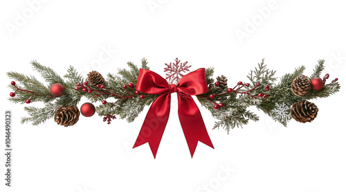 Realistic red bow for decorating gifts, fir branches, berries and leaves. Packing presents for new year and Christmas. Promotion and Discount objects on transparent background