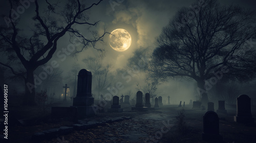 A fog-covered graveyard at night, illuminated by the soft, eerie glow of the full moon. v3