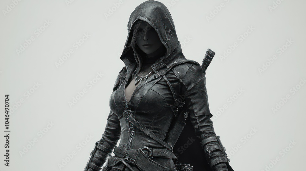 Fototapeta premium A mysterious woman assassin hero hood costume model in the standing background wallpaper AI generated image