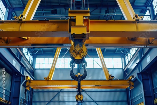 Yellow crane transports goods in factory with jib trolley and hooks