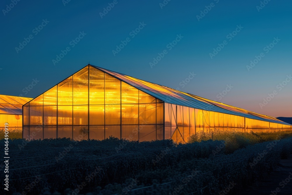 Yellow sunset lit greenhouses against the dark blue sky Yellow sunset lit greenhouses against the dark blue sky