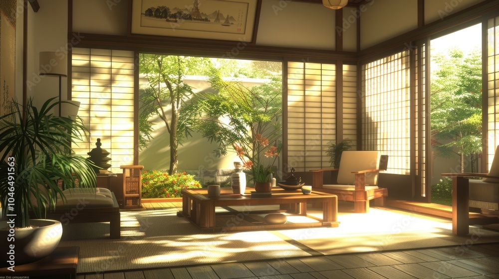 Tranquil Japanese Tea Room with Natural Light and Serene Decor Tranquil Japanese Tea Room with Natural Light and Serene Decor