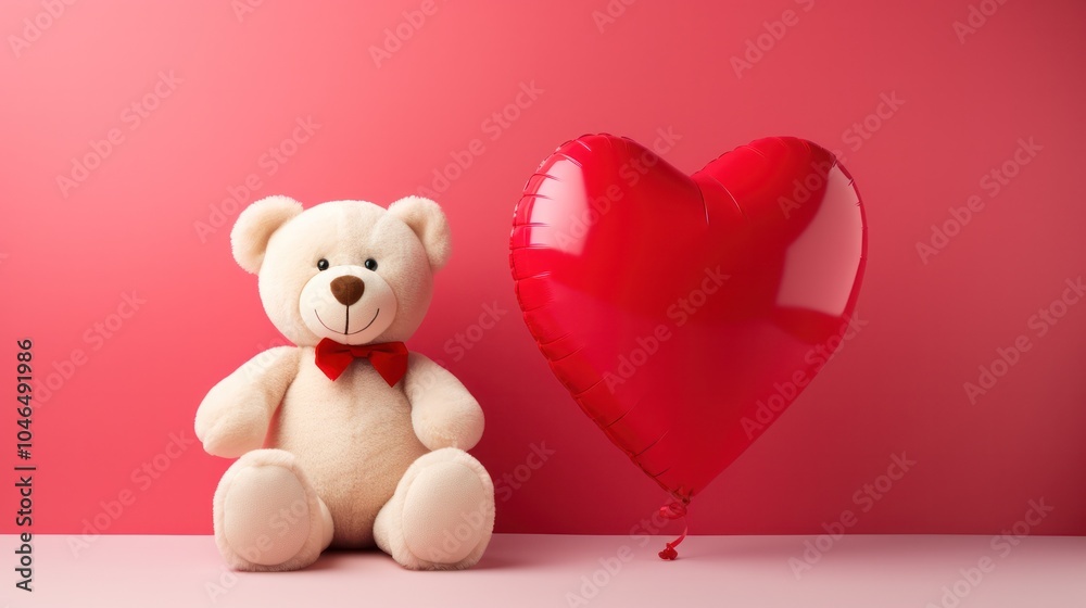 A teddy bear holding a red heart-shaped balloon sits on a soft, bright background. A teddy bear holding a red heart-shaped balloon sits on a soft, bright background.