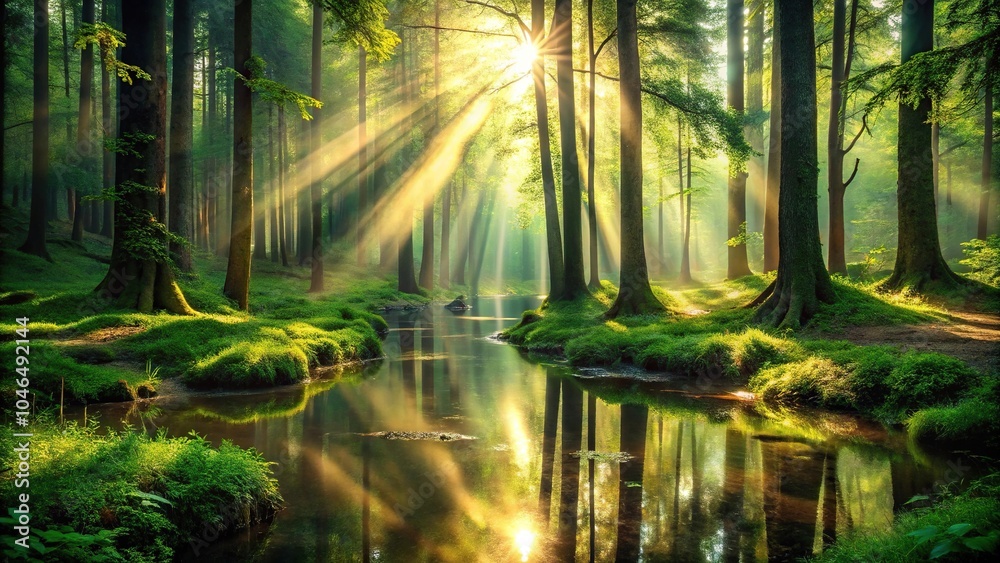 Sunlight shining through trees in deep forest Sunlight shining through trees in deep forest