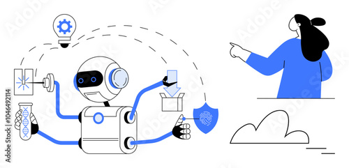Multifunctional robot performing tasks like lighting, 3D printing, chemistry, delivery with a person supervising. Ideal for robotics, automation, technology, innovation, industrial applications