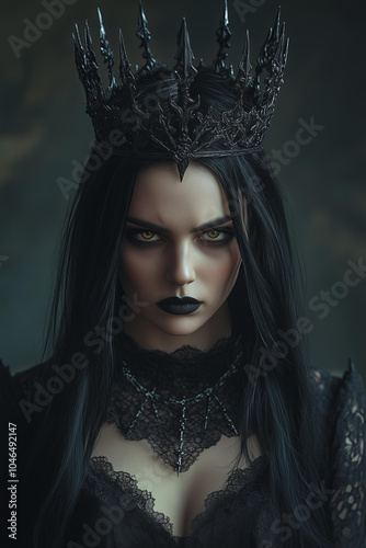 beautiful angry and powerful evil Queen has black long hair and wears an ornate crown with sharp, spiky protrusions. She is wearing black lace , in a dark fantasy style. photo