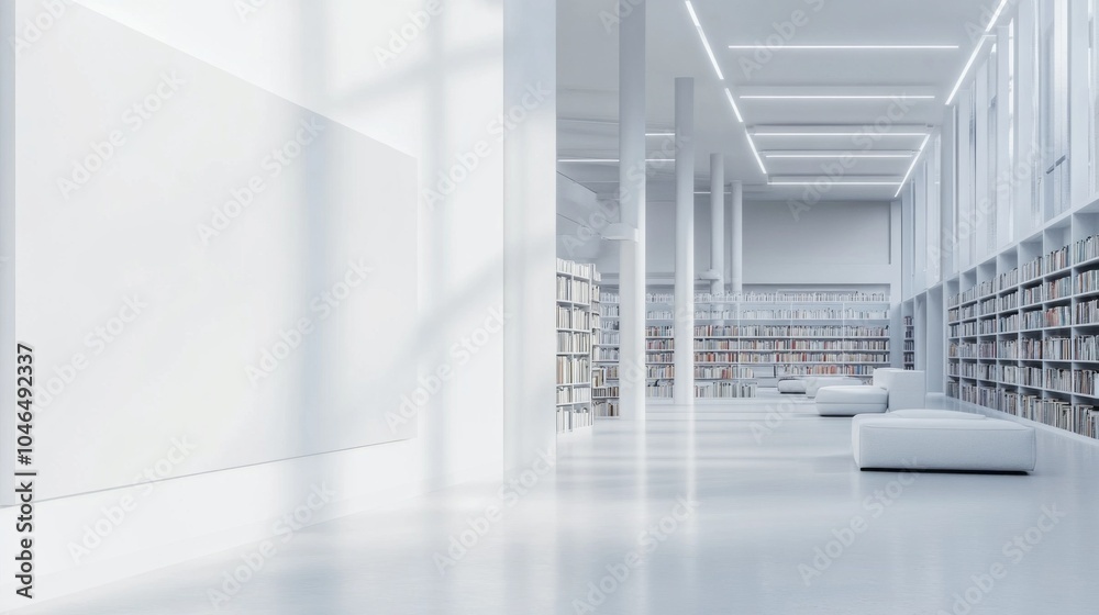 Obraz premium A large, empty library with white walls and white floors