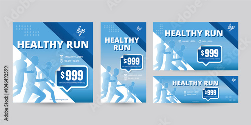 Set of social media template designs with various ratio orientations from portrait to landscape package. Blue banner design with a silhouette of people doing sport running for sport event
