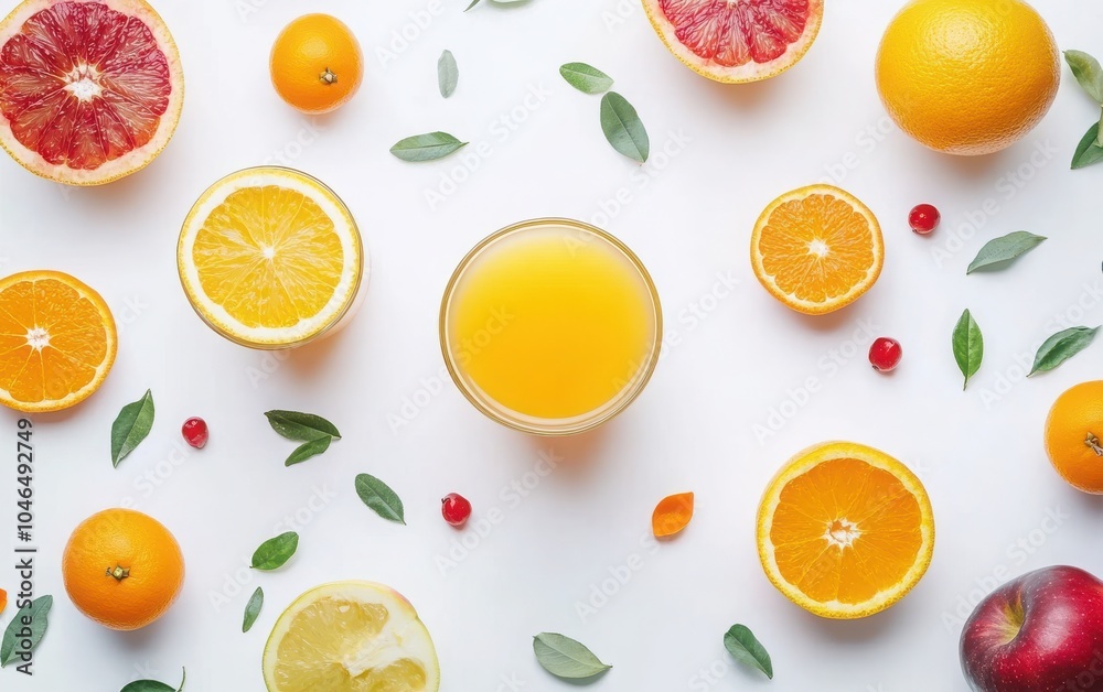 A lively image featuring glasses of apple and orange juices paired with fresh fruits, isolated on a white background A lively image featuring glasses of apple and orange juices paired with fresh fruits, isolated on a white background