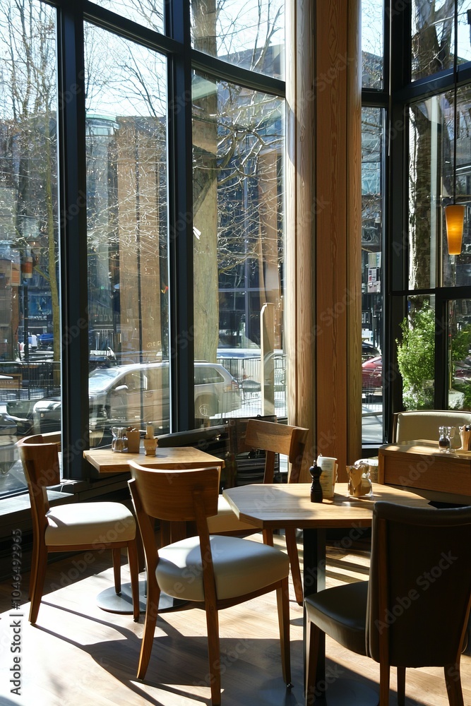 Obraz premium A stylish coffee shop corner with modern furniture and large windows. Sunlight floods the area, perfect for people-watching