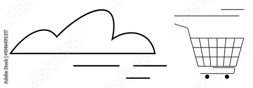 Minimalistic design of a cloud and shopping cart placed adjacently with simple lines. Ideal for e-commerce, online shopping, cloud computing, web services, and digital marketing. Modern and sleek