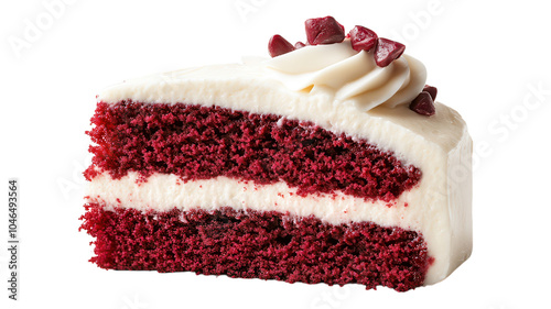 Delicious red velvet cake slice with cream cheese frosting and chocolate chips on top captured on a white background. photo