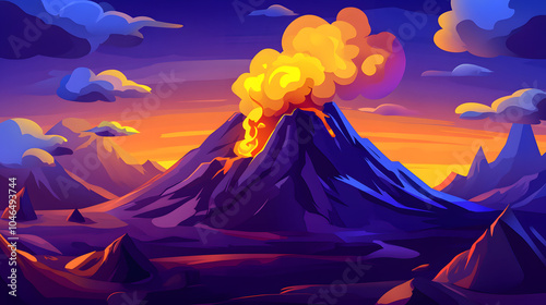 Landscape panorama of mountains with a smoking explosion of a volcano in cartoon style background photo