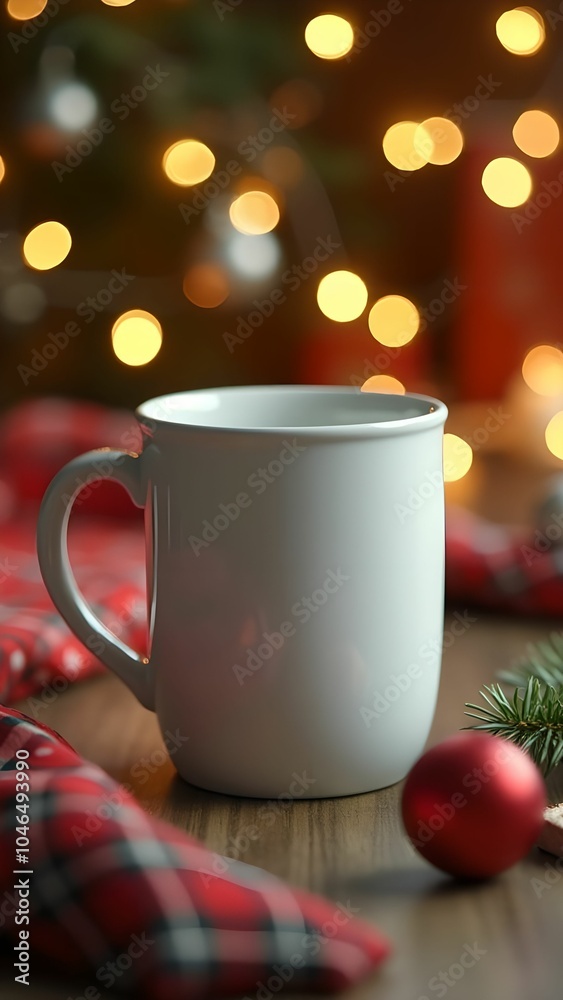 White cup on New Year background, blurred nice bokeh White cup on New Year background, blurred nice bokeh