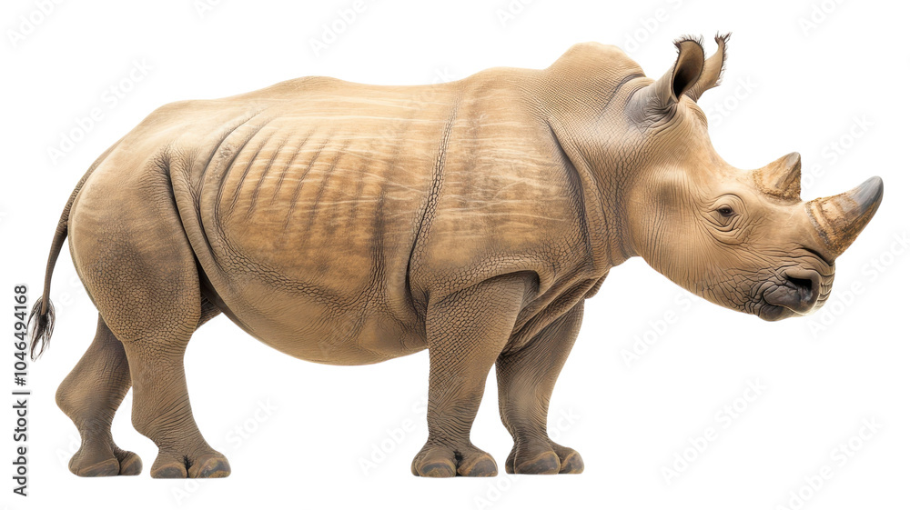 Obraz premium A side view of a large rhinoceros walking on a transparent background captured during daylight hours, showcasing its distinctive features and texture.