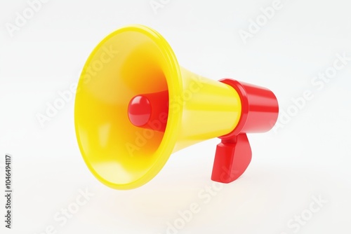 A bright yellow megaphone with a red mouthpiece and handle, angled to the left