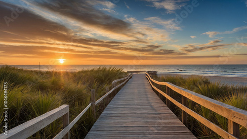 Beautiful boardwalk leading to serene beach at sunset with vibrant sky and calm ocean water, peaceful.