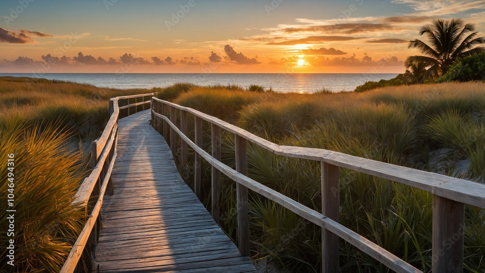 Beautiful boardwalk leading to serene beach at sunset with vibrant sky and calm ocean water, peaceful. Beautiful boardwalk leading to serene beach at sunset with vibrant sky and calm ocean water, peaceful.