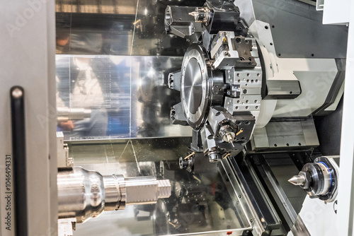 Inside view of a cnc machine. CNC lathe interior.Cnc machine. The CNC lathe machine or Turning machine. Turning numerical control machine with tools and chuck.