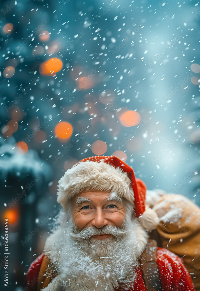 Santa Claus smiling while holding a bag of gifts against a blurred blue background with falling snow and glitter. Ideal for festive greetings and holiday marketing 2026 - 2027. Santa Claus smiling while holding a bag of gifts against a blurred blue background with falling snow and glitter. Ideal for festive greetings and holiday marketing 2026 - 2027.