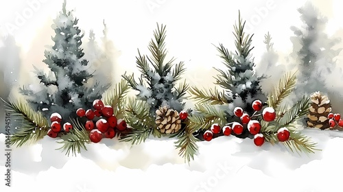 Watercolor Christmas and Winter Scene on White Background photo