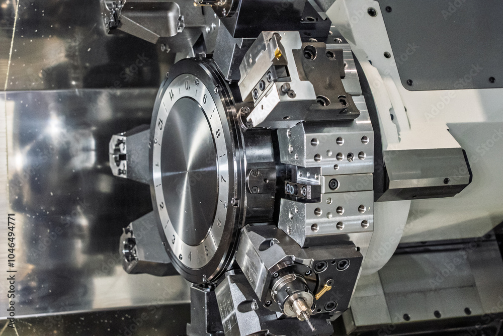 Inside view of a cnc machine. CNC lathe interior.Cnc machine. The CNC lathe machine or Turning machine. Turning numerical control machine with tools and chuck. Inside view of a cnc machine. CNC lathe interior.Cnc machine. The CNC lathe machine or Turning machine. Turning numerical control machine with tools and chuck.