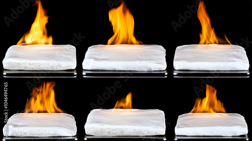 Flame retardant material sample on fire with black background.