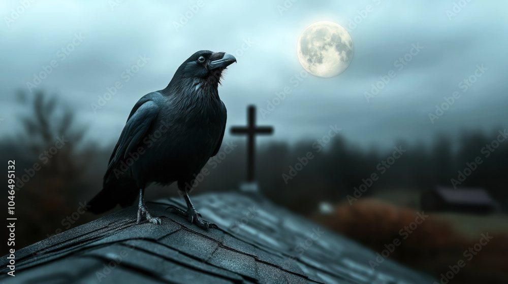 Obraz premium A raven perched on a rooftop with a cross in the background under a full moon during a cloudy night.