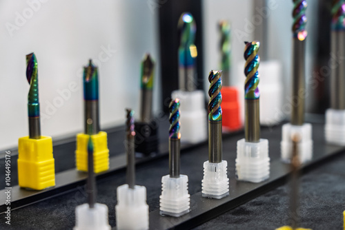 End mills for machining on numerical machines. Flat or square solid carbide endmill tools. The cutting tool for CNC turning and milling machines. Tools for machining on lathes and milling machines. photo