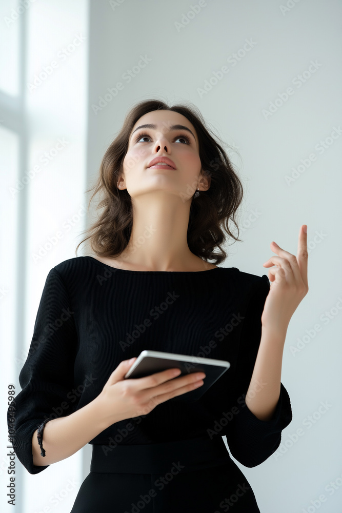Naklejka premium Stylish Businesswoman Holding Smartphone in Elegant Studio Setting