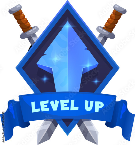 Game level up award win, reward badge asset. Gambling app victory icon, level up GUI vector badge, arcade task complete prize or rank interface symbol. Game UI asset with ice arrow and crossed swords