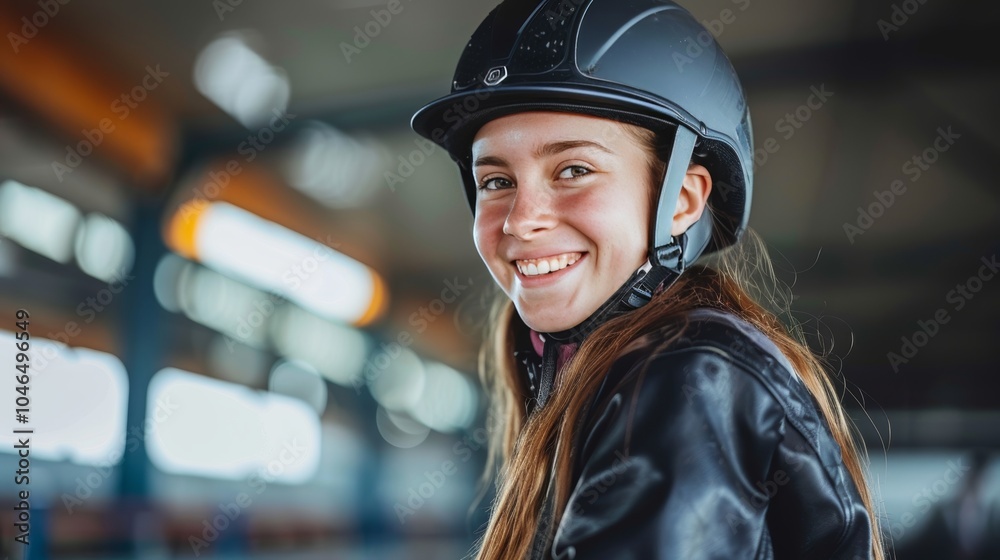 Joyful girl riding a horse during an equitation lesson, smiling at the camera in her helmet Joyful girl riding a horse during an equitation lesson, smiling at the camera in her helmet