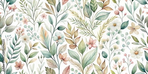 Wallpaper Mural Watercolor wildflower and branch pattern on white background with muted pastel colors, seamless depth of field Torontodigital.ca