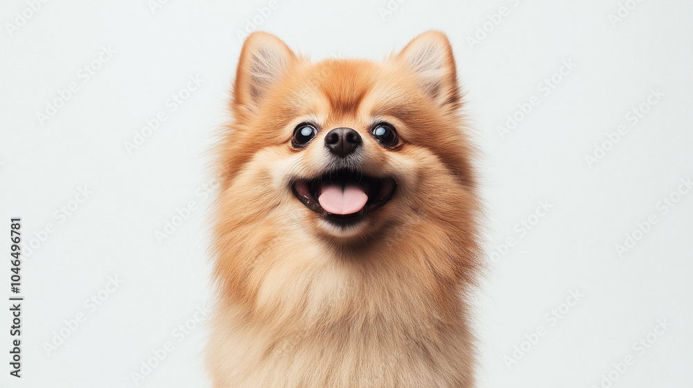 Close-up portrait of a happy Pomeranian dog with fluffy orange fur and a tongue out, isolated on white background Close-up portrait of a happy Pomeranian dog with fluffy orange fur and a tongue out, isolated on white background