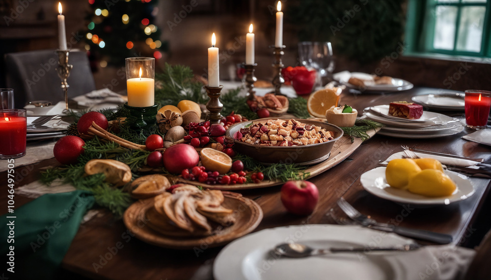 Naklejka premium Festive holiday table arranged with delicious treats and candles in a cozy dining room with a Christmas tree in the background